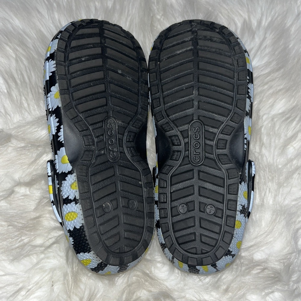 Crocs Classic Clog Shoes Women's 9 Black White Yellow Floral Print Lined Slip On - Picture 10 of 12